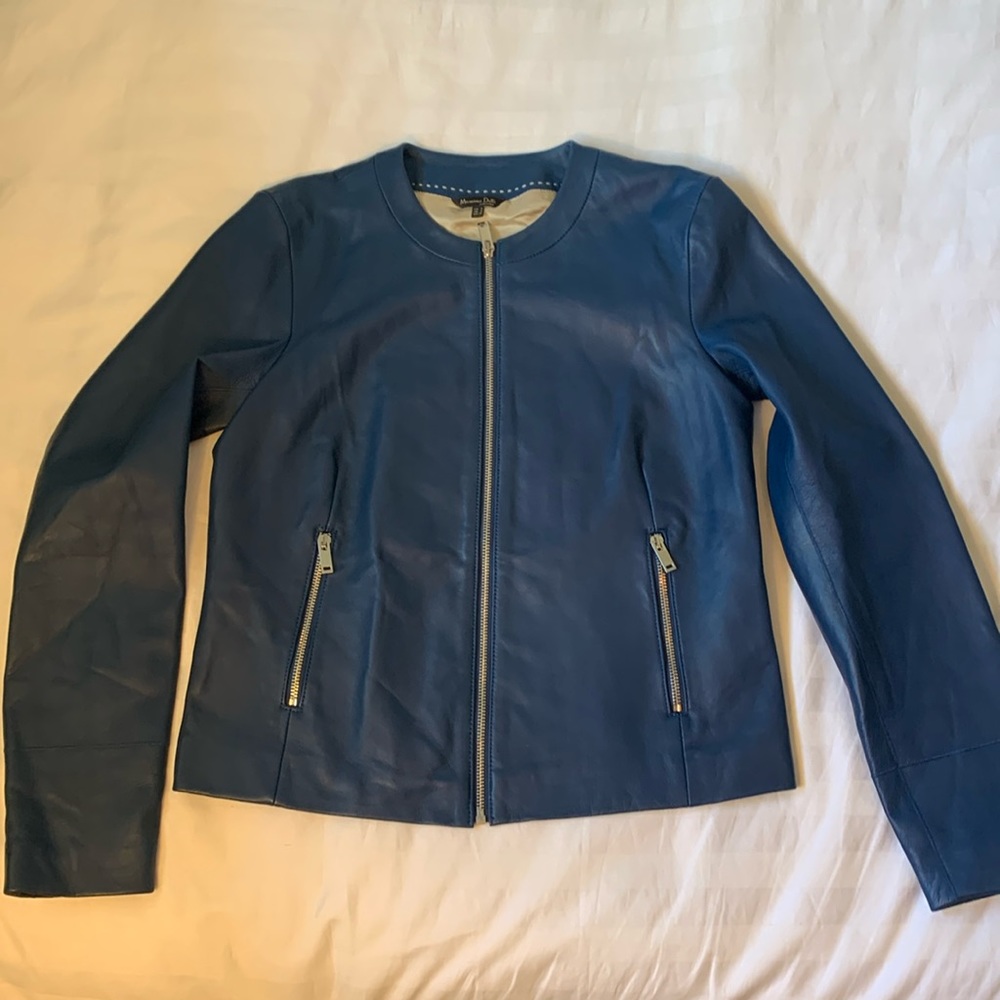 Massimo Dutti collarless navy lined soft sheep’s leather jacket NWOT